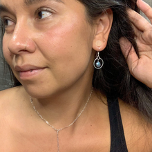 Load image into Gallery viewer, silver earrings with round pendant and blue pearl in the middle